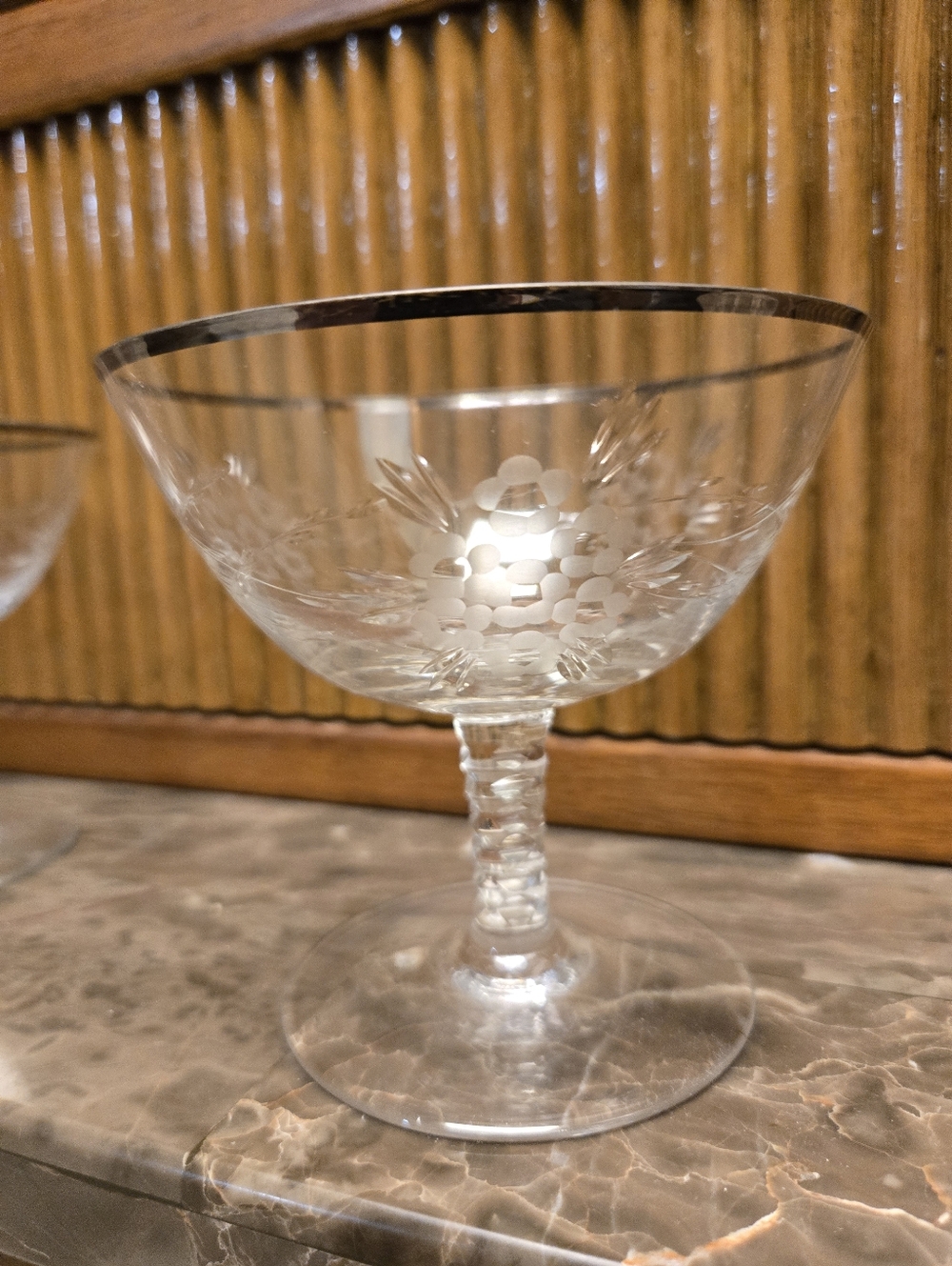 CHINTZ:Etched Crystal Coupe Glass with Silver Rim